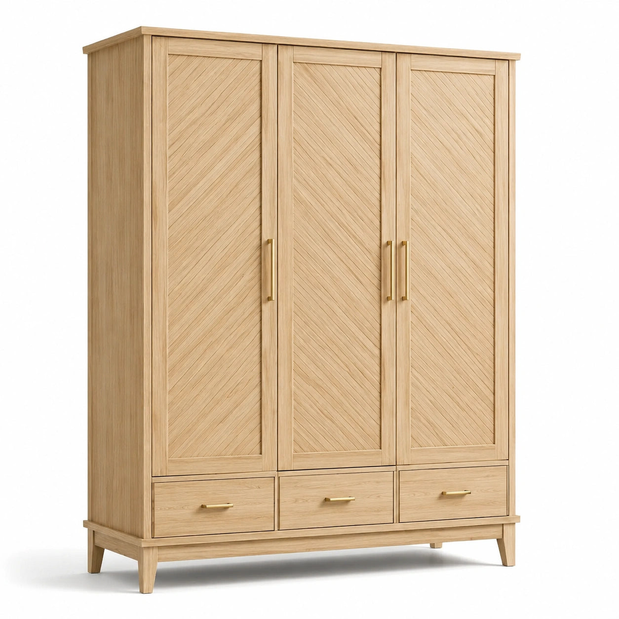 Armadio guardaroba in rovere chiaro e oro, 150 × 55 × 200 cm, con 3 ante e 3 cassetti