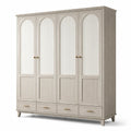 Armadio guardaroba classico con 4 ante e 4 cassetti, beige, bianco e oro, 200 × 58 × 210 cm