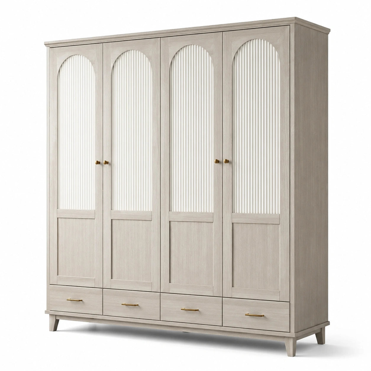 Armadio guardaroba classico con 4 ante e 4 cassetti, beige, bianco e oro, 200 × 58 × 210 cm