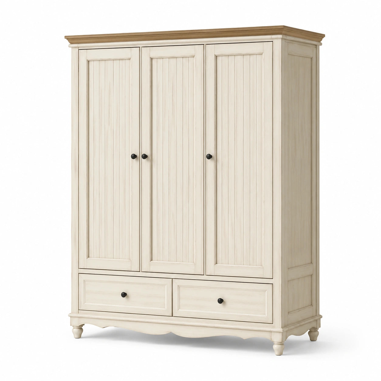 Armadio in legno a 3 ante e 2 cassetti, crema, naturale e nero, 145 × 58 × 200 cm, stile country