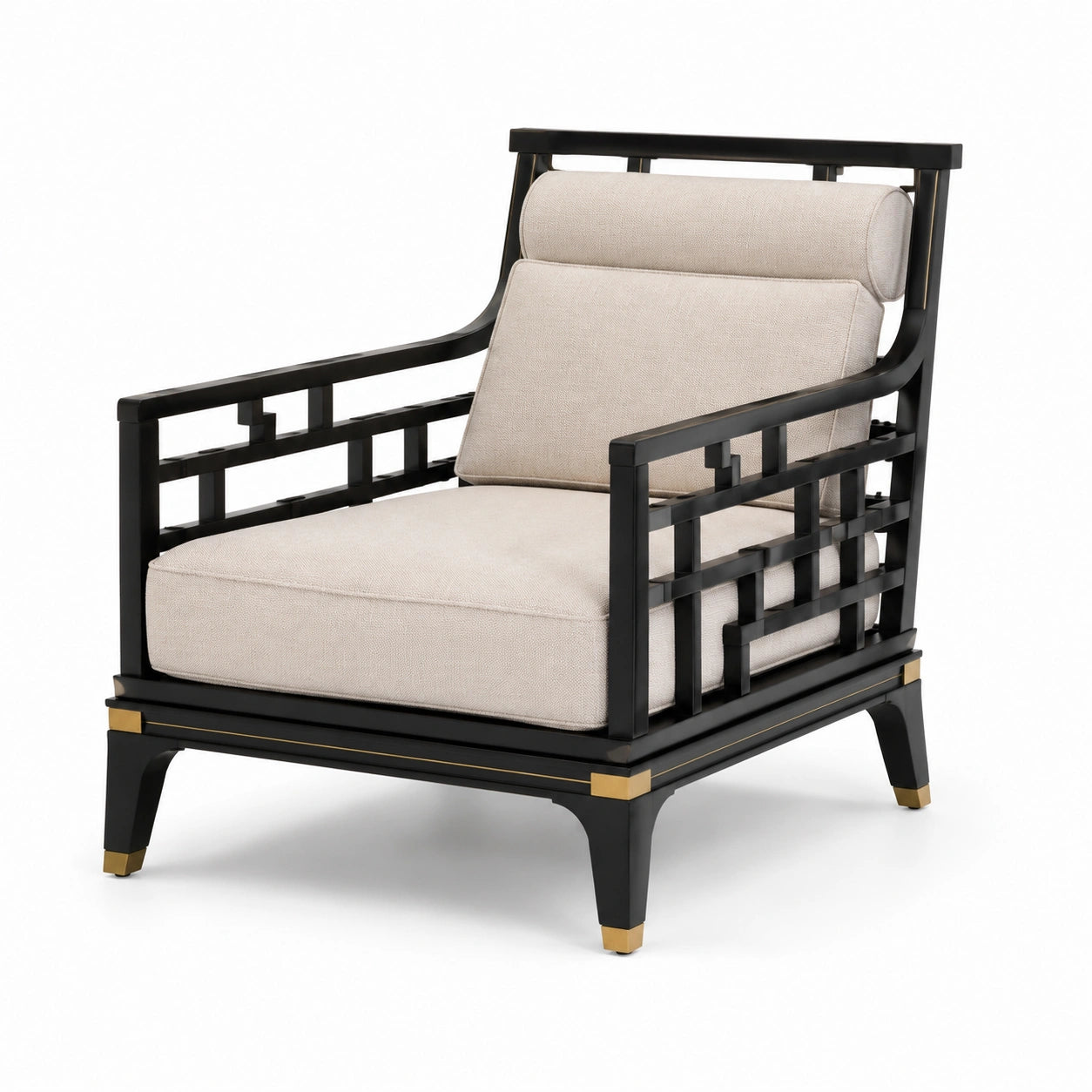 Poltrona imbottita in metallo nero e tessuto beige con dettagli dorati, 78 × 82 × 92 cm