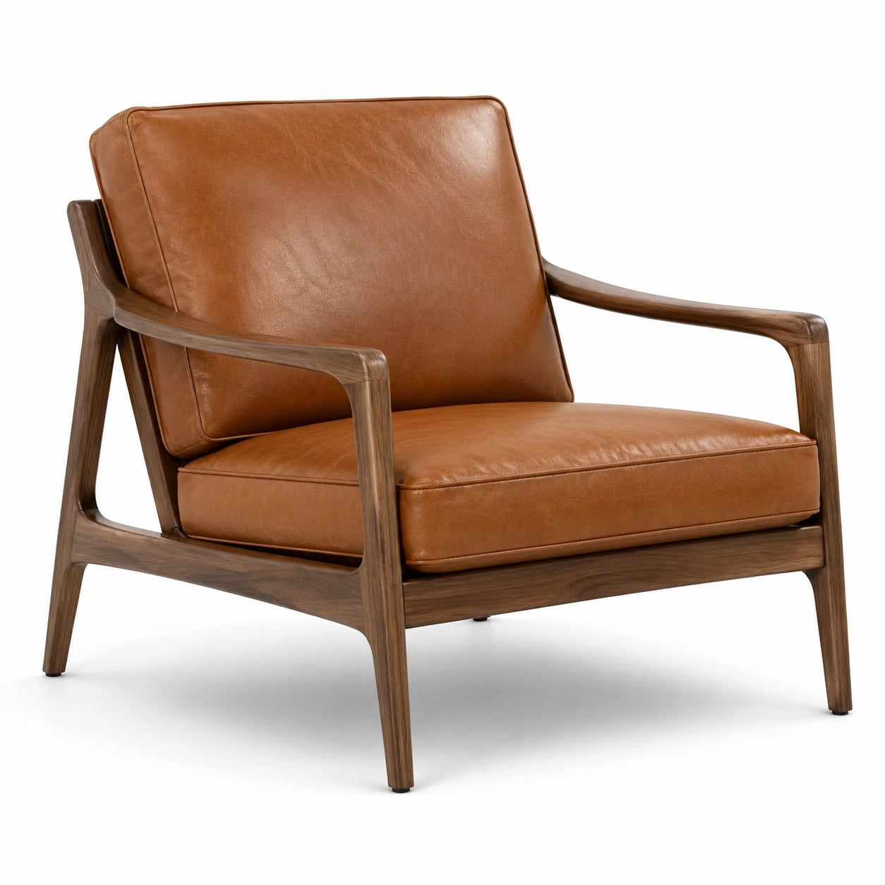 Poltrona in legno massello con rivestimento effetto pelle marrone cognac, 76 × 82 × 82 cm