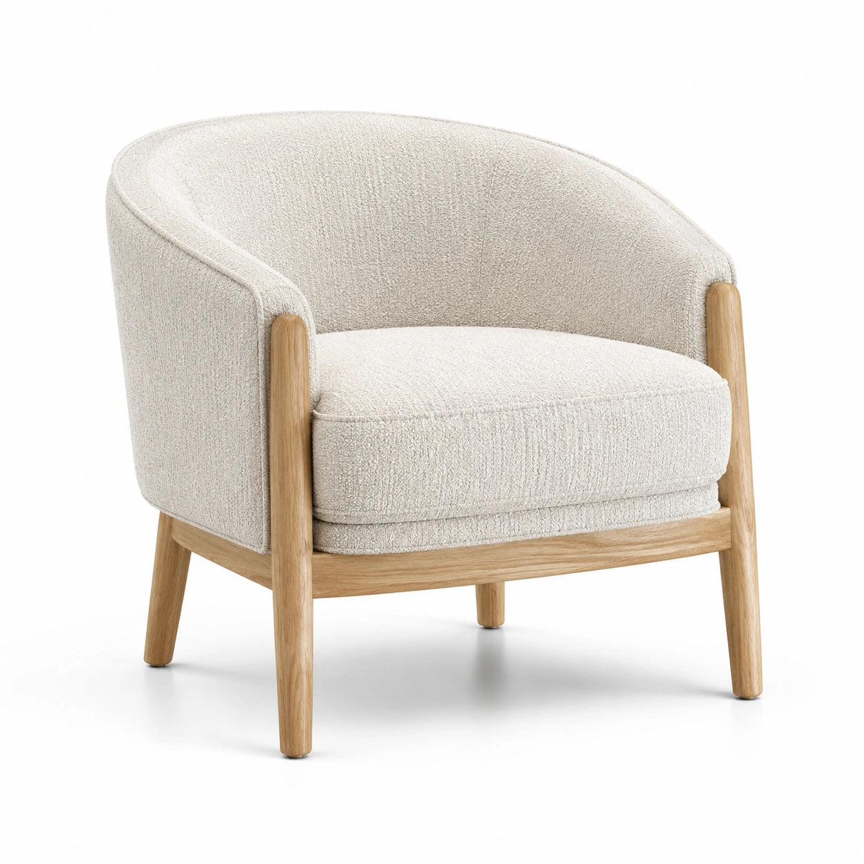 Poltrona in bouclé bianco crema con struttura in legno naturale, 80 × 76 × 75 cm, schienale avvolgente