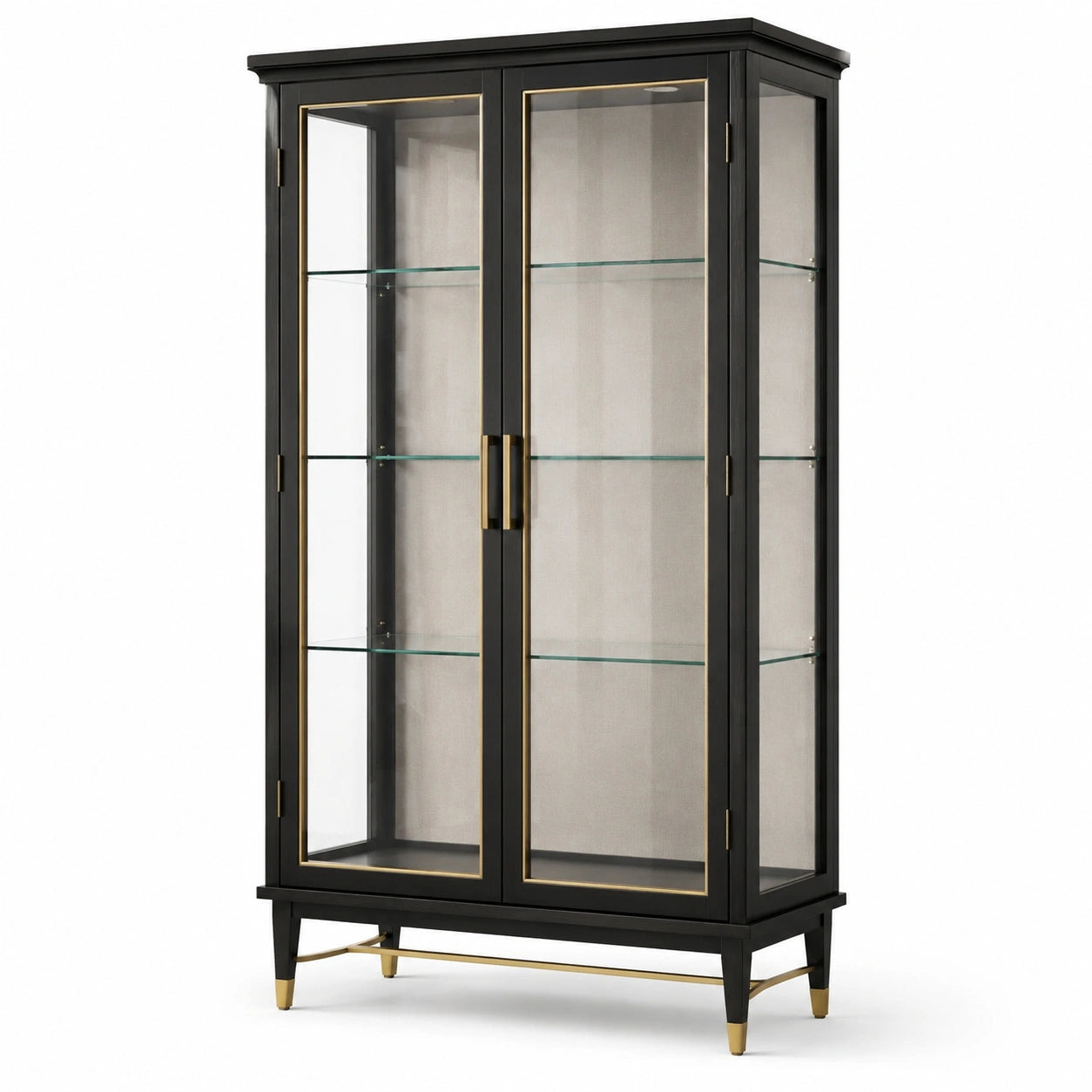 Vetrina a 2 ante in legno nero e vetro con dettagli dorati, 100 × 42 × 190 cm