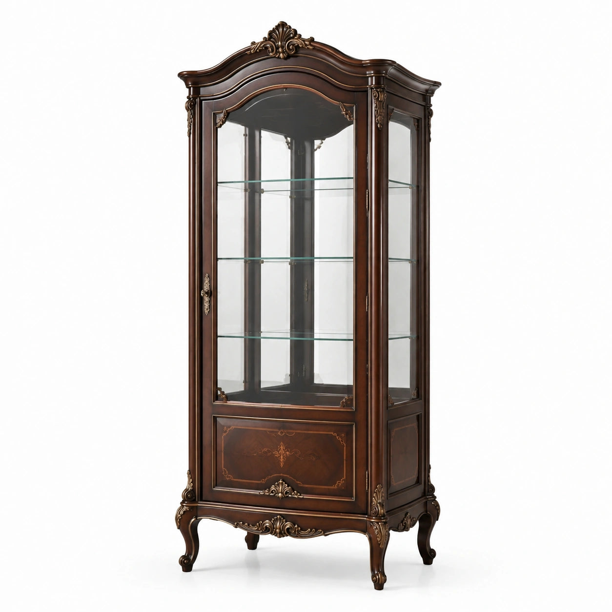 Vetrina espositiva classica in legno marrone scuro e vetro con dettagli dorati, 3 ripiani, 90 × 45 × 190 cm