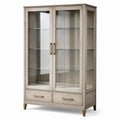 Vetrina contemporanea grigio chiaro 110 × 40 × 180 cm con 2 ante in vetro, 3 ripiani e 2 cassetti