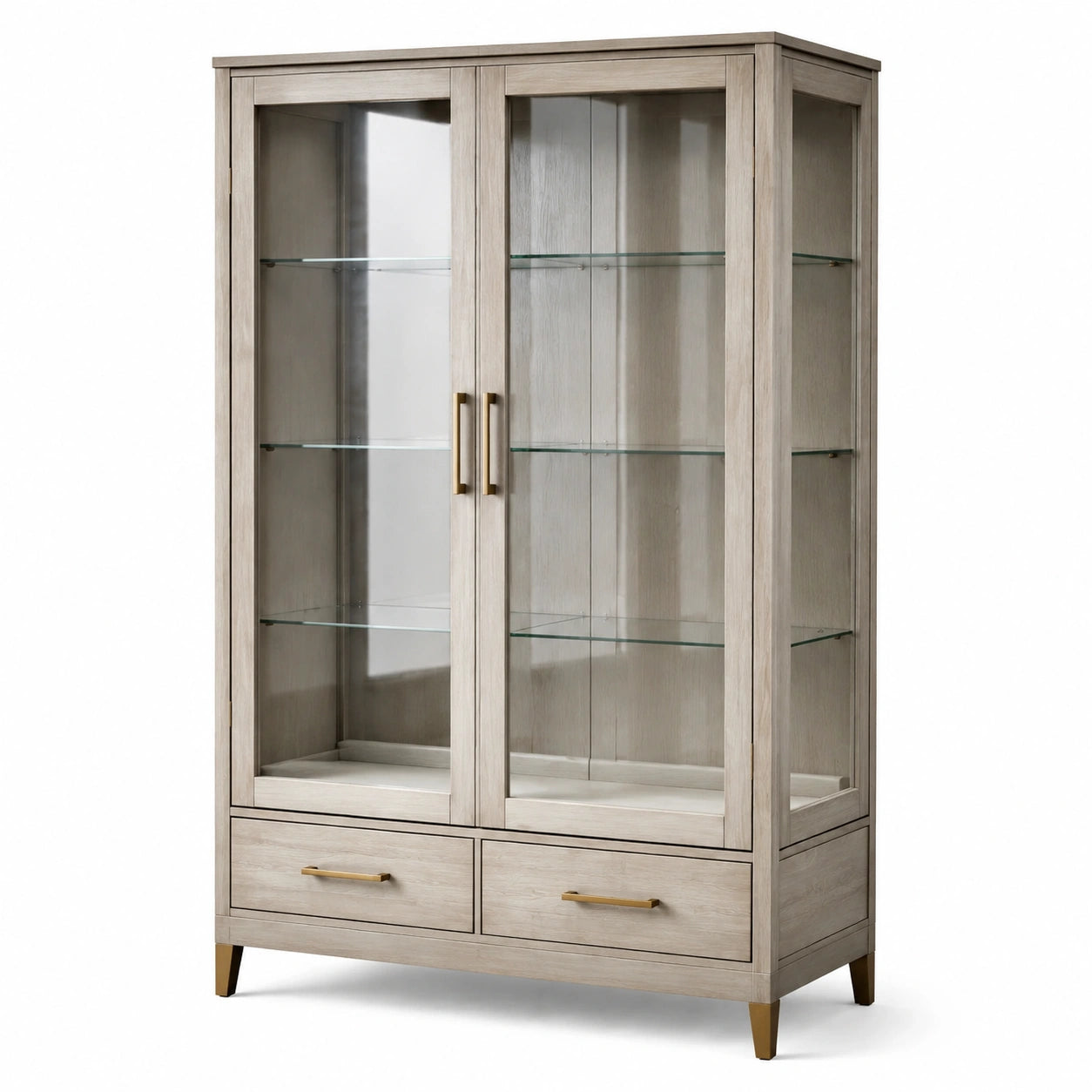 Vetrina contemporanea grigio chiaro 110 × 40 × 180 cm con 2 ante in vetro, 3 ripiani e 2 cassetti