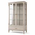 Vetrina contemporanea in legno e vetro Tortora, Trasparente e Oro, 100 × 42 × 190 cm, con 2 ante, 3 ripiani e 1 cassetto