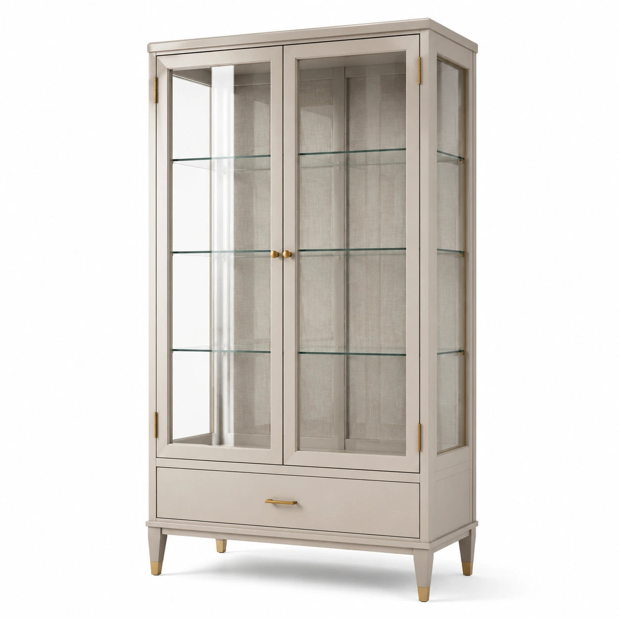 Vetrina contemporanea in legno e vetro Tortora, Trasparente e Oro, 100 × 42 × 190 cm, con 2 ante, 3 ripiani e 1 cassetto