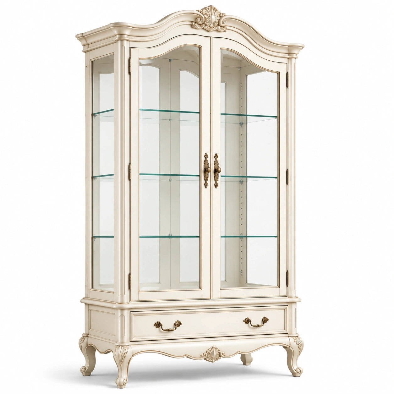 Vetrina classica in legno e vetro avorio 110 × 45 × 200 cm con 2 ante, 3 ripiani e 1 cassetto