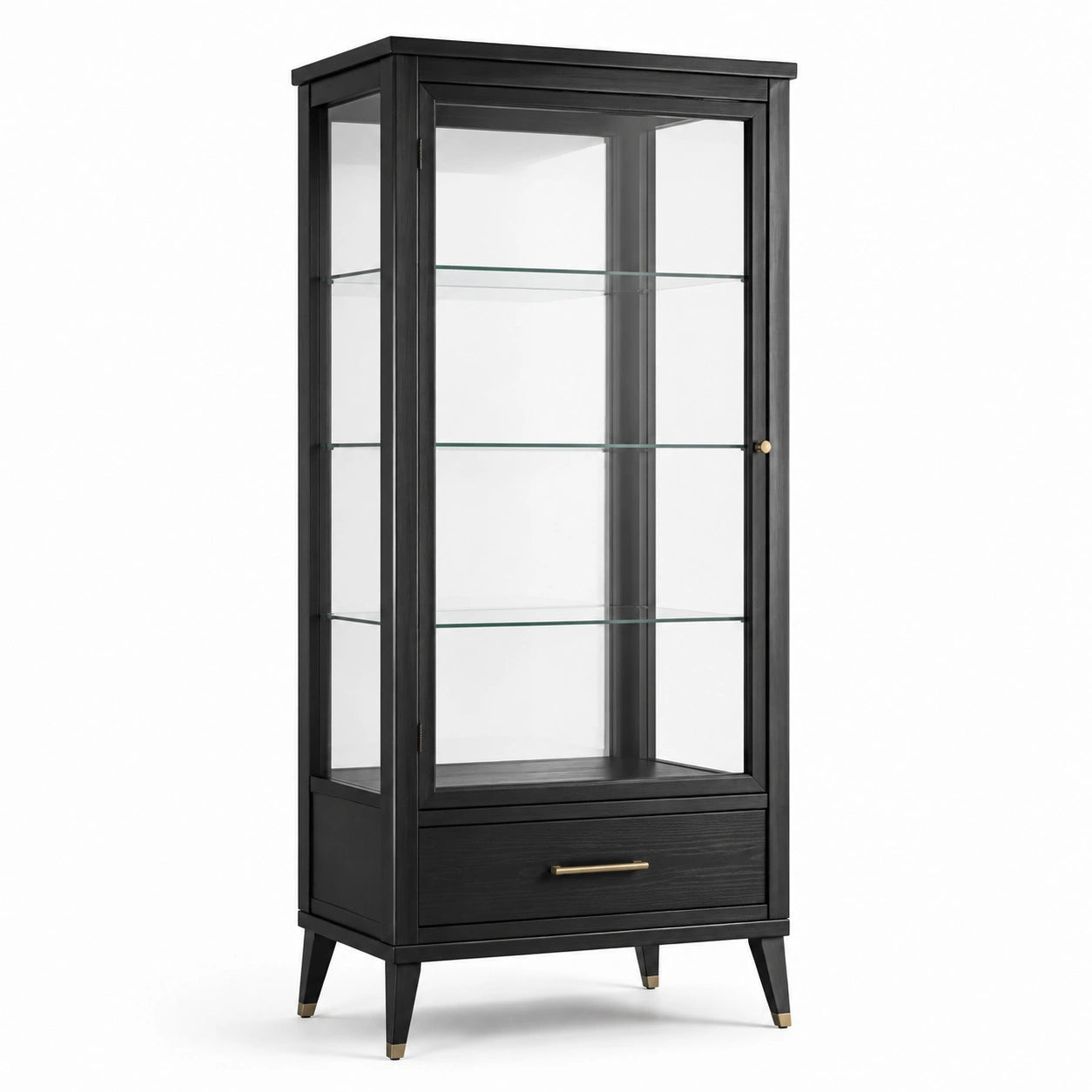 Vetrina espositiva nera in legno lavorato e vetro con 3 ripiani e 1 cassetto, 80 × 40 × 180 cm