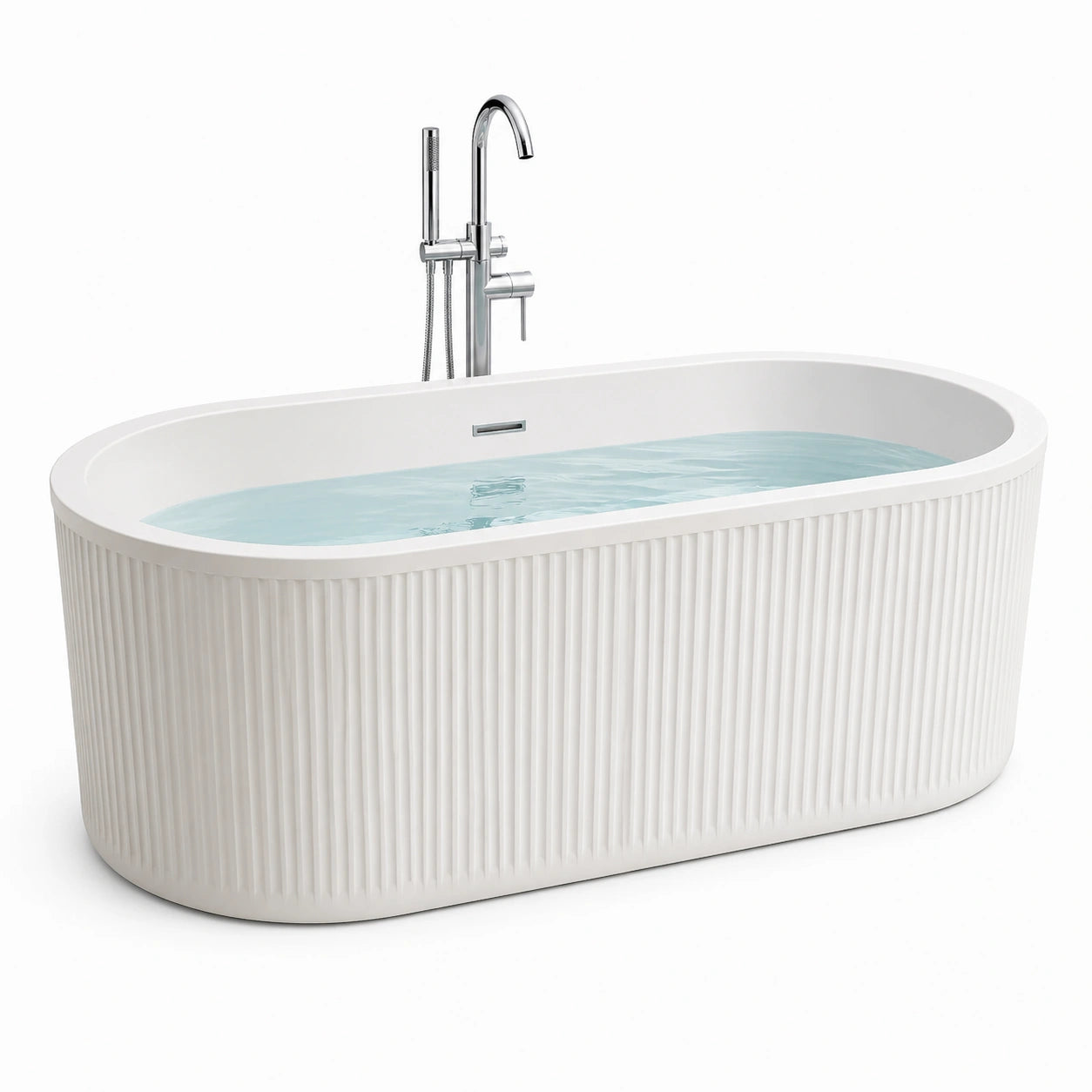 Vasca da bagno freestanding ovale in acrilico bianco, 170 × 80 × 58 cm, con finitura scanalata