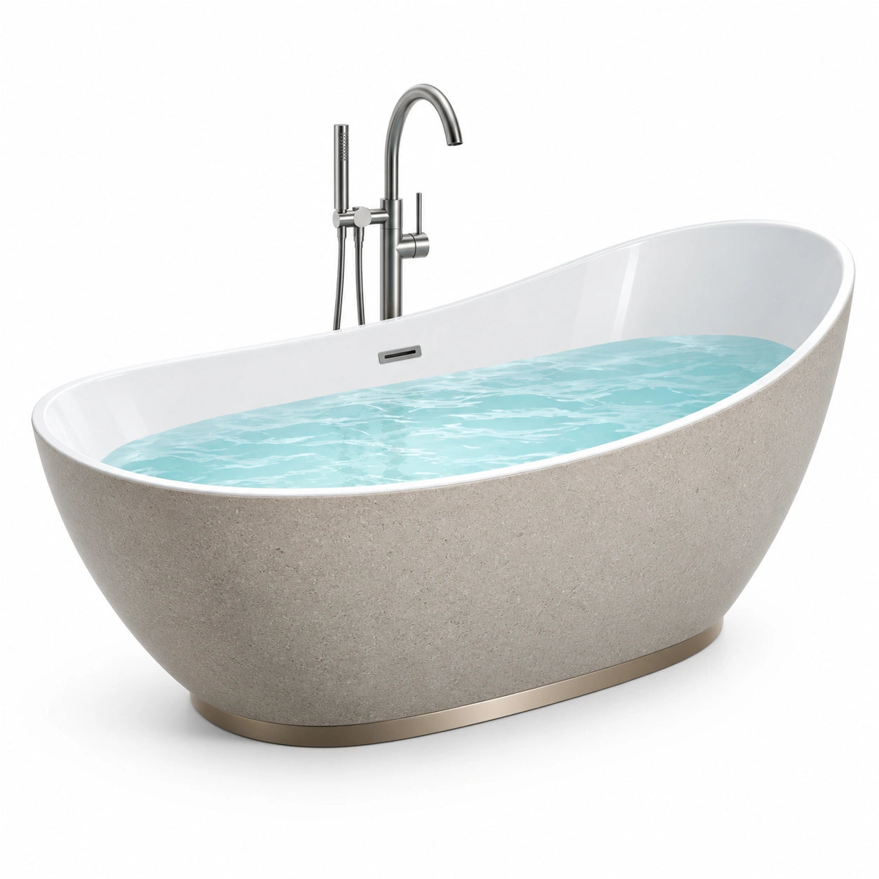 Vasca da bagno ovale a libera installazione 170 × 80 × 72 cm, bianca e grigia effetto pietra con dettagli oro e troppopieno