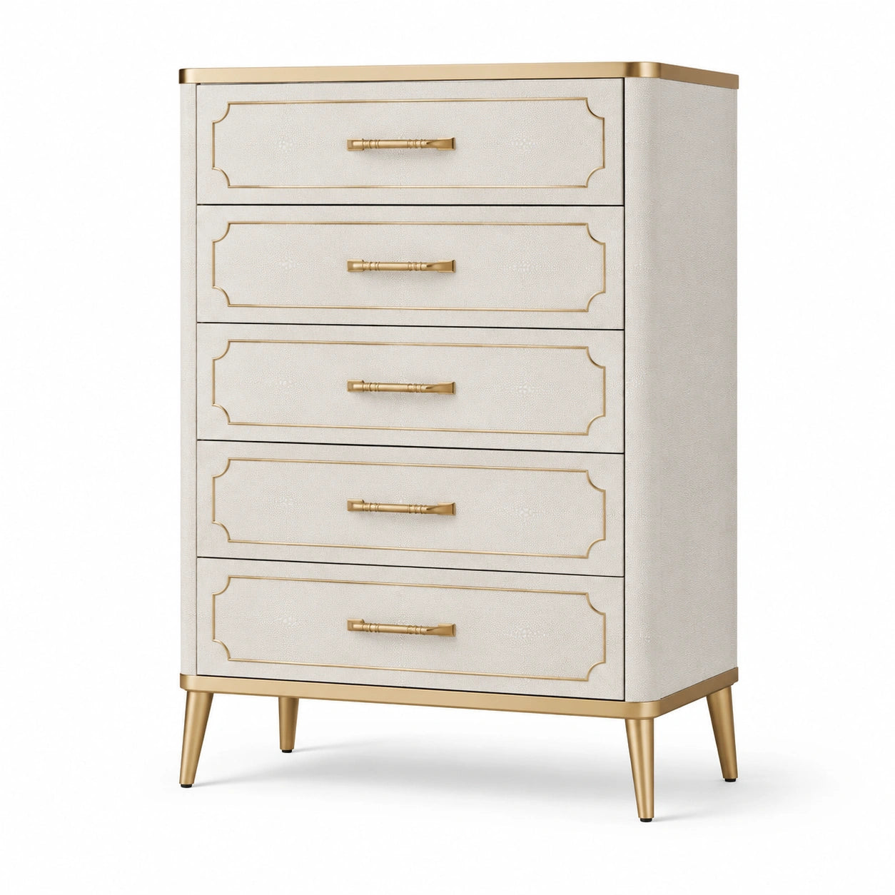 Cassettiera verticale a 5 cassetti in legno ingegnerizzato e metallo, avorio e oro, 80 × 40 × 115 cm