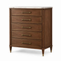 Cassettiera classica a 5 cassetti in legno marrone con piano in pietra bianca, 90 × 45 × 115 cm