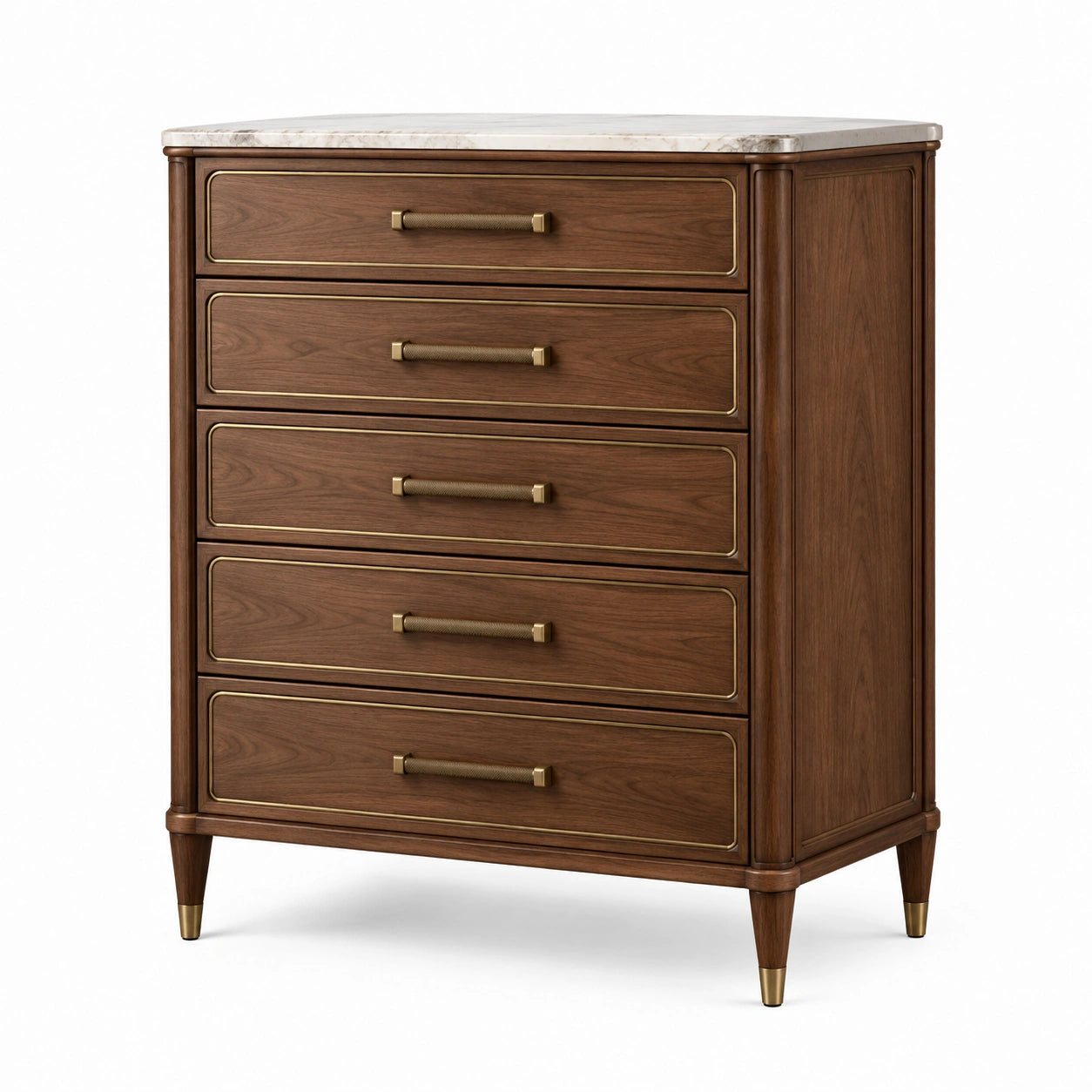 Cassettiera classica a 5 cassetti in legno marrone con piano in pietra bianca, 90 × 45 × 115 cm