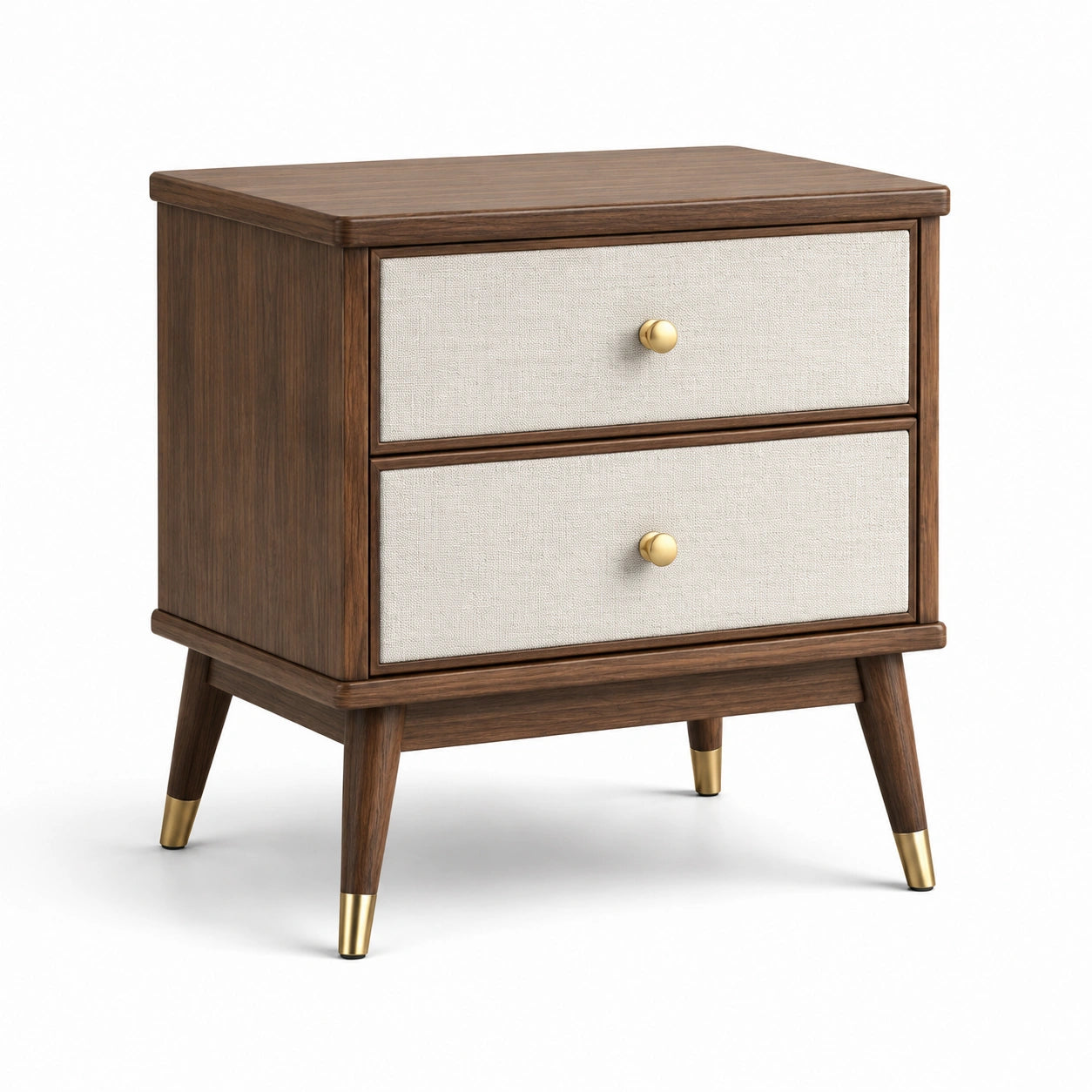 Comodino moderno con 2 cassetti, effetto legno marrone, tessuto beige e dettagli dorati, 55 × 40 × 60 cm