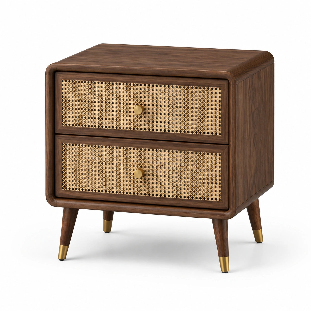 Comodino marrone in legno e rattan naturale con 2 cassetti e dettagli color ottone, 60 × 40 × 65 cm