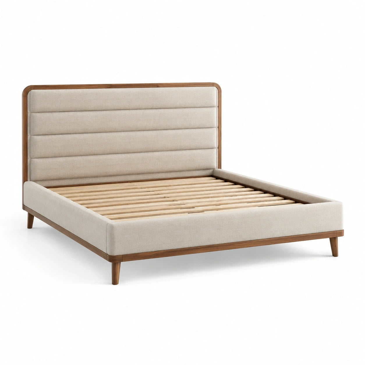 Letto matrimoniale imbottito beige e marrone 220 × 175 × 115 cm, per materasso 160 × 200 cm, con testiera e rete a doghe