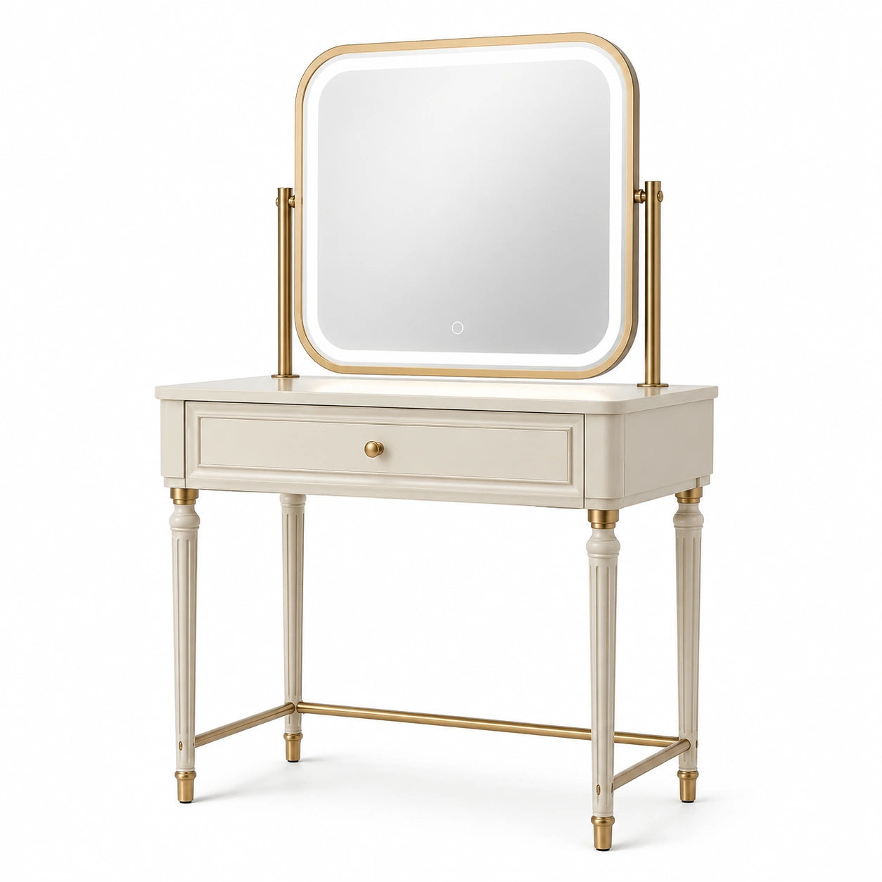 Toeletta classica con specchio illuminato, 100 × 45 × 145 cm, bianco crema e oro