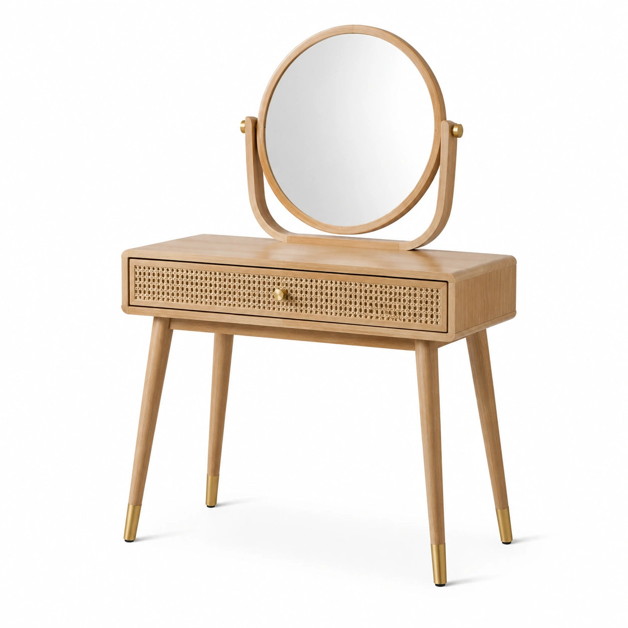 Toeletta in legno naturale e rattan beige con dettagli in ottone, specchio rotondo inclinabile e cassetto, 100 × 40 × 140 cm