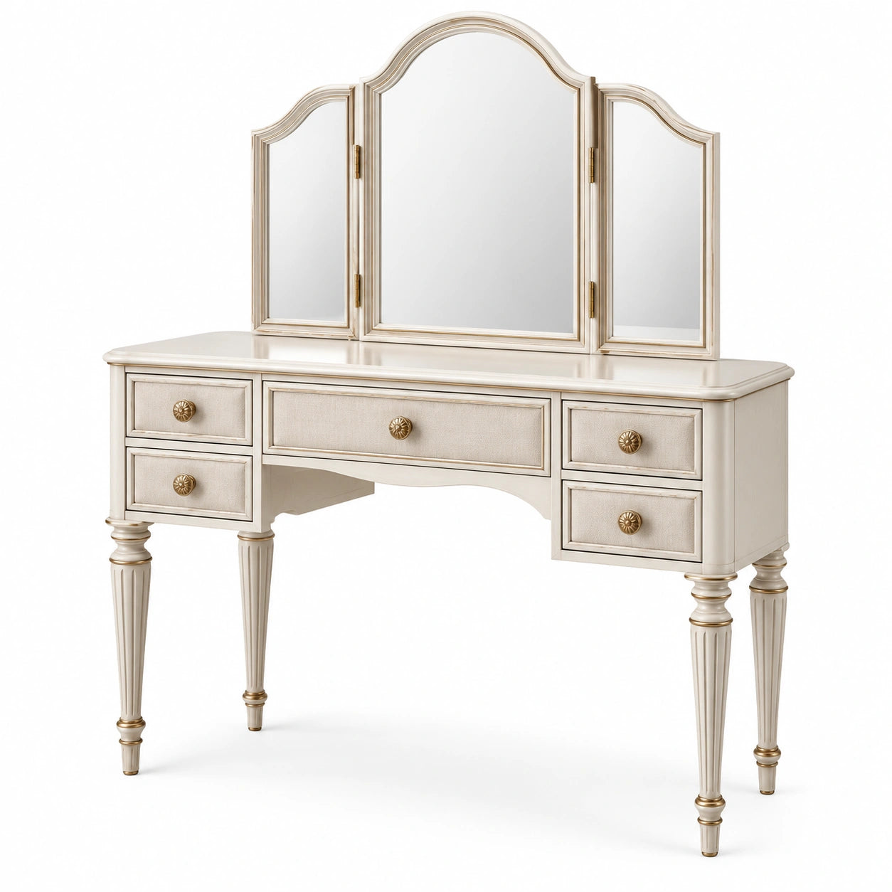 Toeletta avorio e oro 120 × 45 × 150 cm con specchio trittico orientabile e 5 cassetti