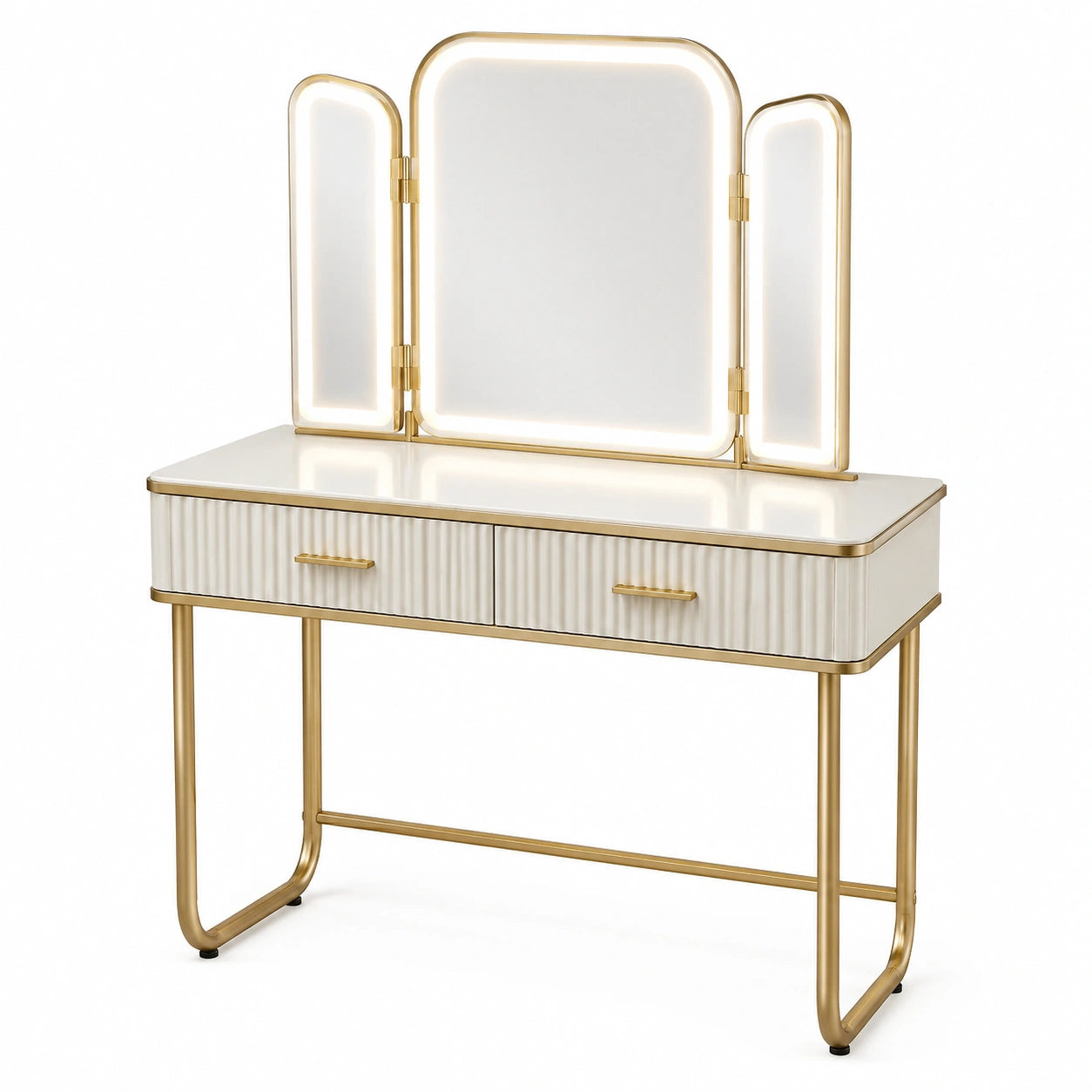 Toeletta bianca e oro con specchio illuminato a tre pannelli e 2 cassetti, 120 × 45 × 145 cm