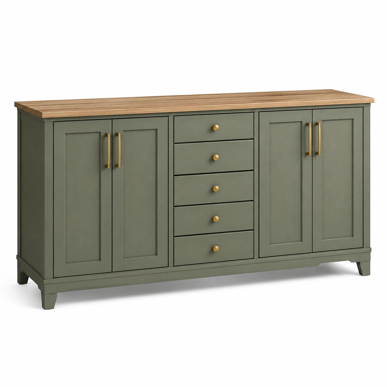 Credenza verde salvia con piano marrone naturale, dettagli dorati, 4 ante e 5 cassetti, 160 × 40 × 85 cm