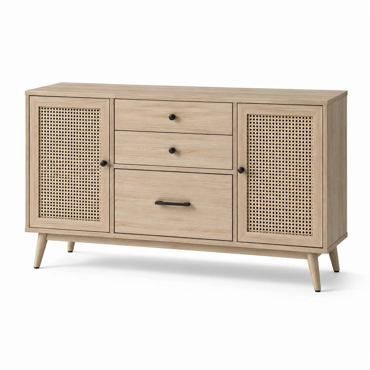 Credenza in legno con rattan intrecciato, 3 cassetti e 2 ante, rovere naturale e nero, 140 × 40 × 80 cm, stile boho