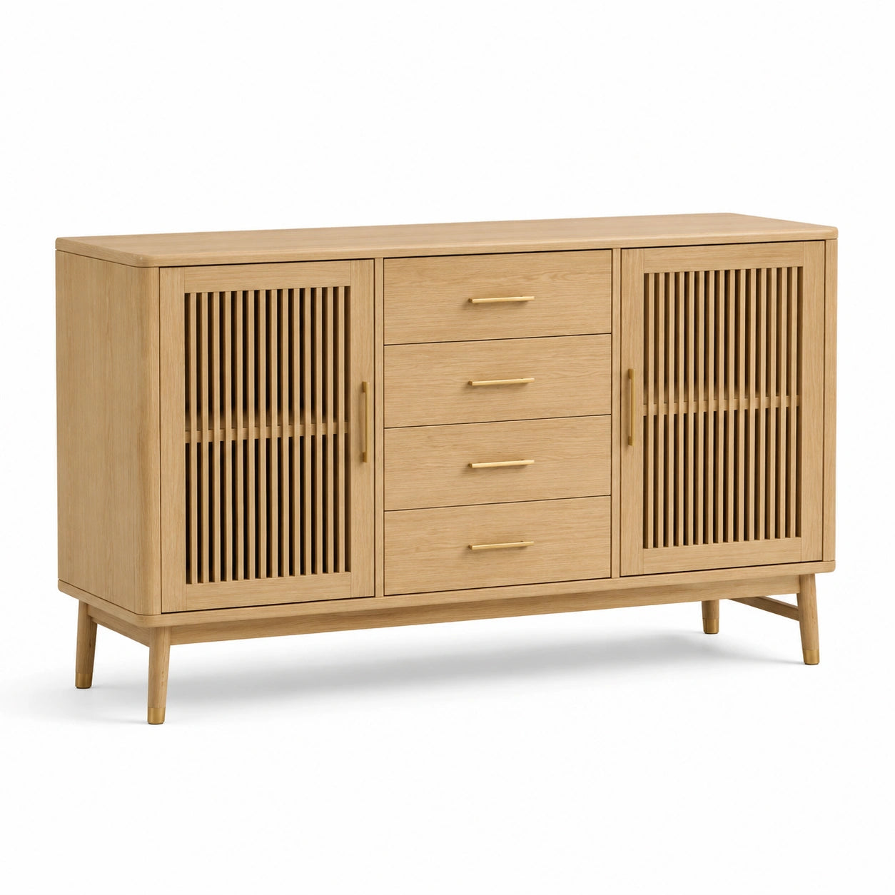 Credenza in legno con 4 cassetti e 2 ante a listelli, Rovere naturale/Oro, 150 × 40 × 90 cm