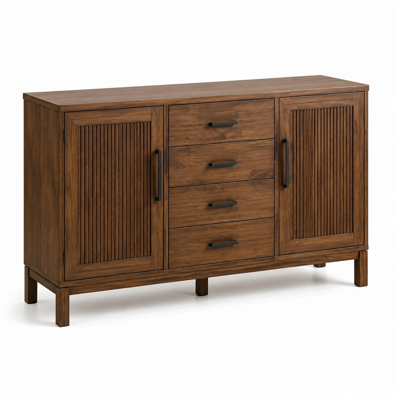 Credenza contemporanea marrone e nera, 150 × 40 × 85 cm, con 4 cassetti e 2 ante scanalate