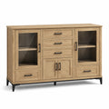 Credenza effetto rovere naturale e nero, 180 × 40 × 120 cm, con 4 ante, 2 vetrate e 5 cassetti
