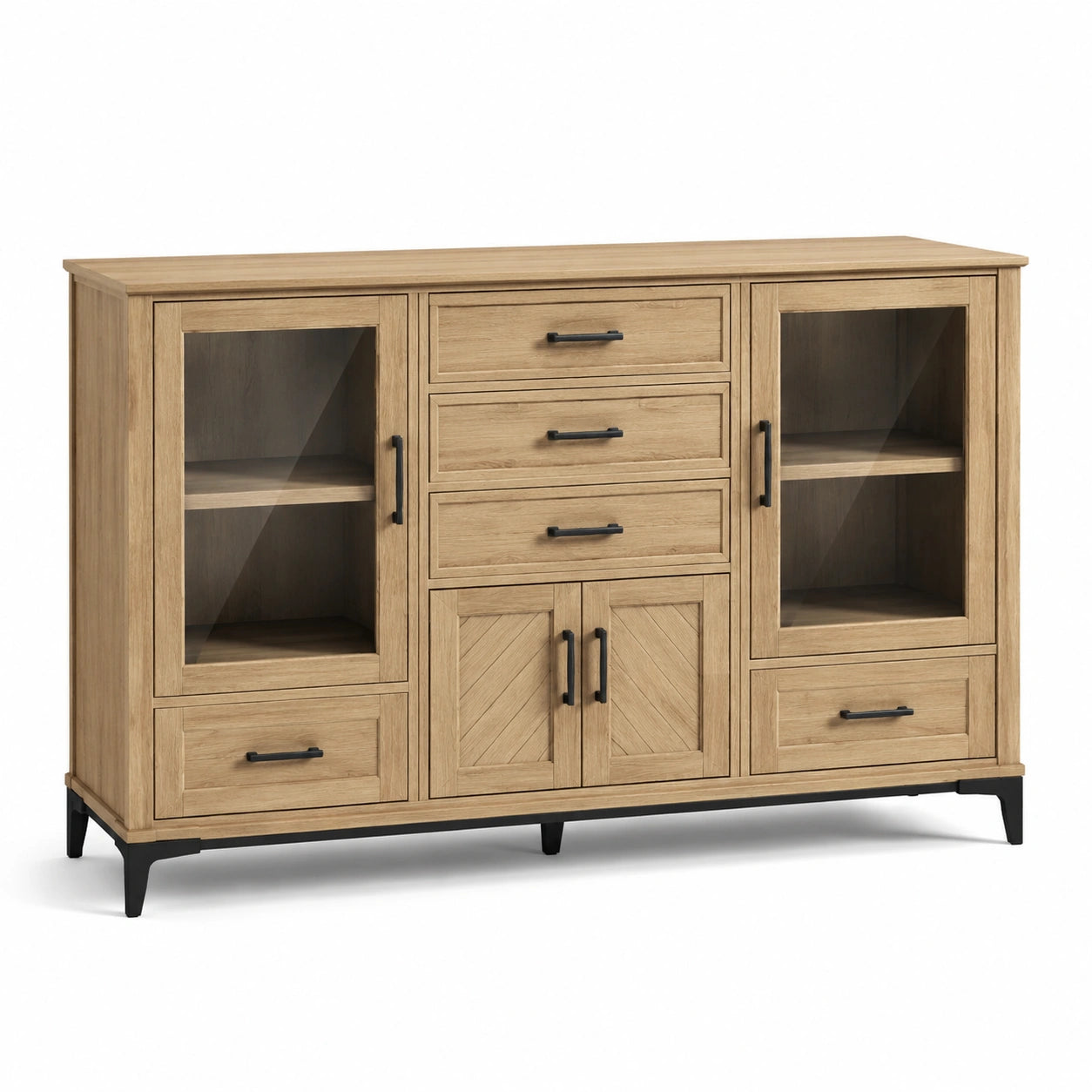 Credenza effetto rovere naturale e nero, 180 × 40 × 120 cm, con 4 ante, 2 vetrate e 5 cassetti
