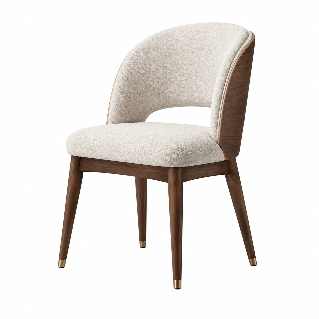 Sedia imbottita moderna 57 × 58 × 81 cm in bouclé crema con struttura in legno marrone e dettagli in ottone