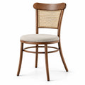 Sedia in legno marrone con schienale in rattan e seduta imbottita beige, 50 × 55 × 83 cm, stile retrò