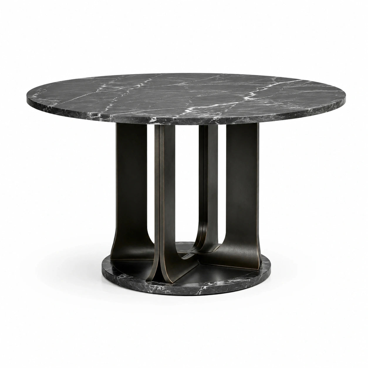 Tavolo da pranzo rotondo Ø 120 × 75 cm, nero effetto marmo con venature bianche e base centrale in metallo