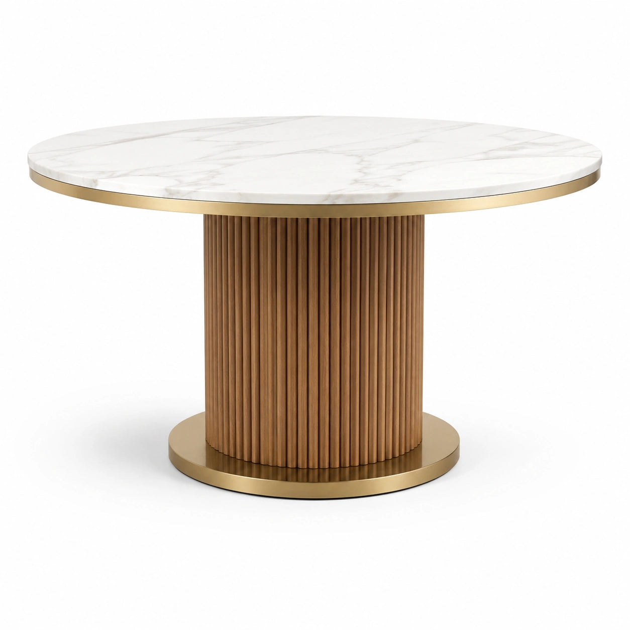 Tavolo rotondo moderno Ø 120 × 76 cm, bianco effetto marmo con base scanalata marrone e dettagli oro