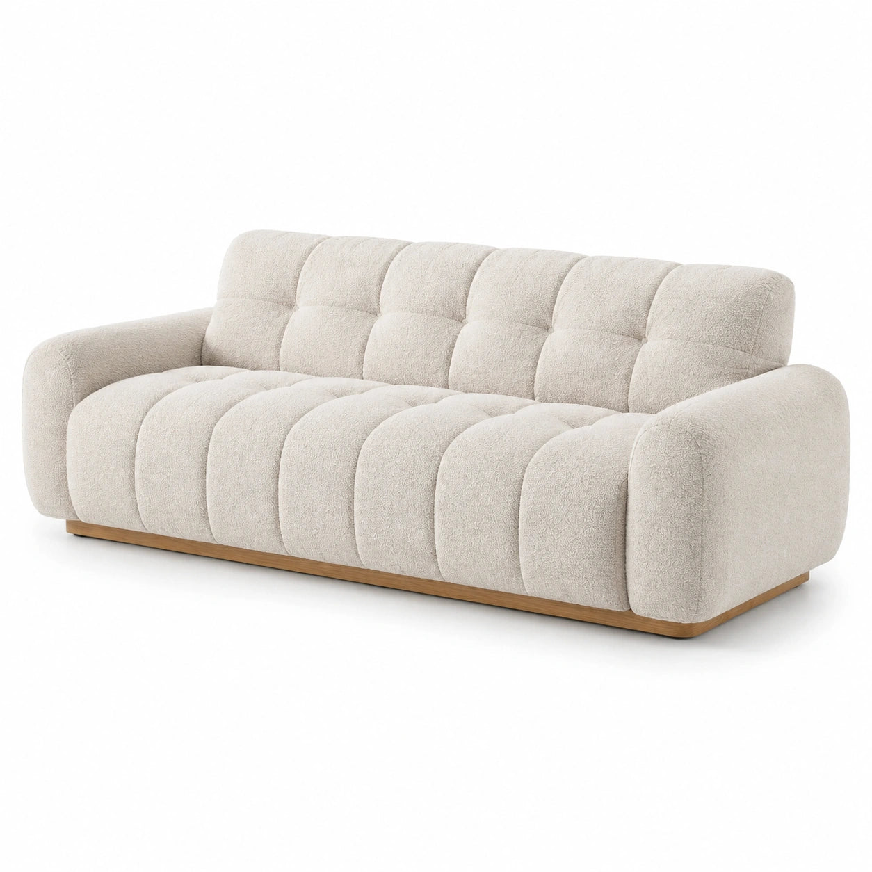 Divano a 3 posti in tessuto bouclé crema con base in legno marrone chiaro, 225 × 98 × 77 cm