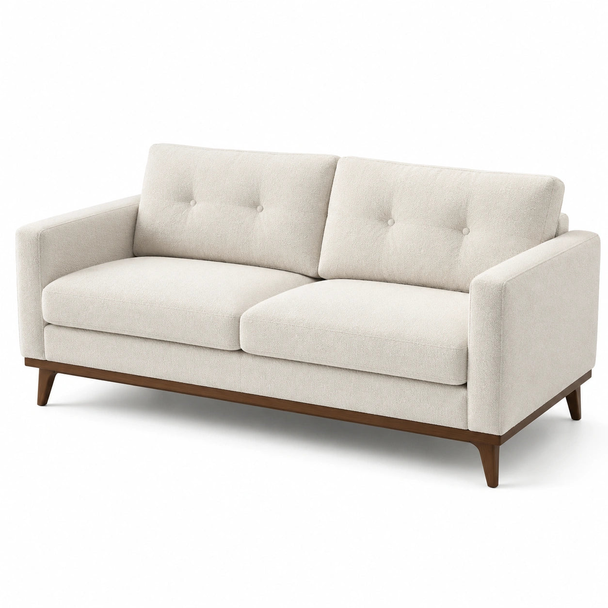 Divano a 2 posti in tessuto bouclé avorio con base in legno marrone, 180 × 84 × 82 cm