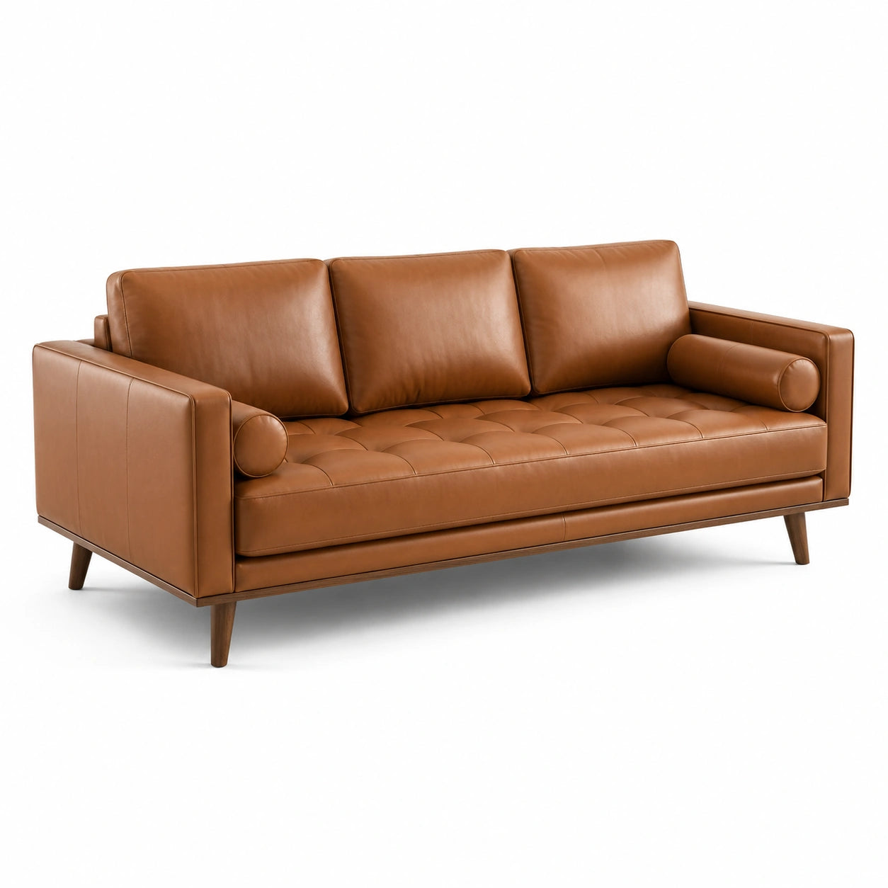 Divano moderno a 3 posti effetto pelle marrone cognac, 215 × 88 × 84 cm